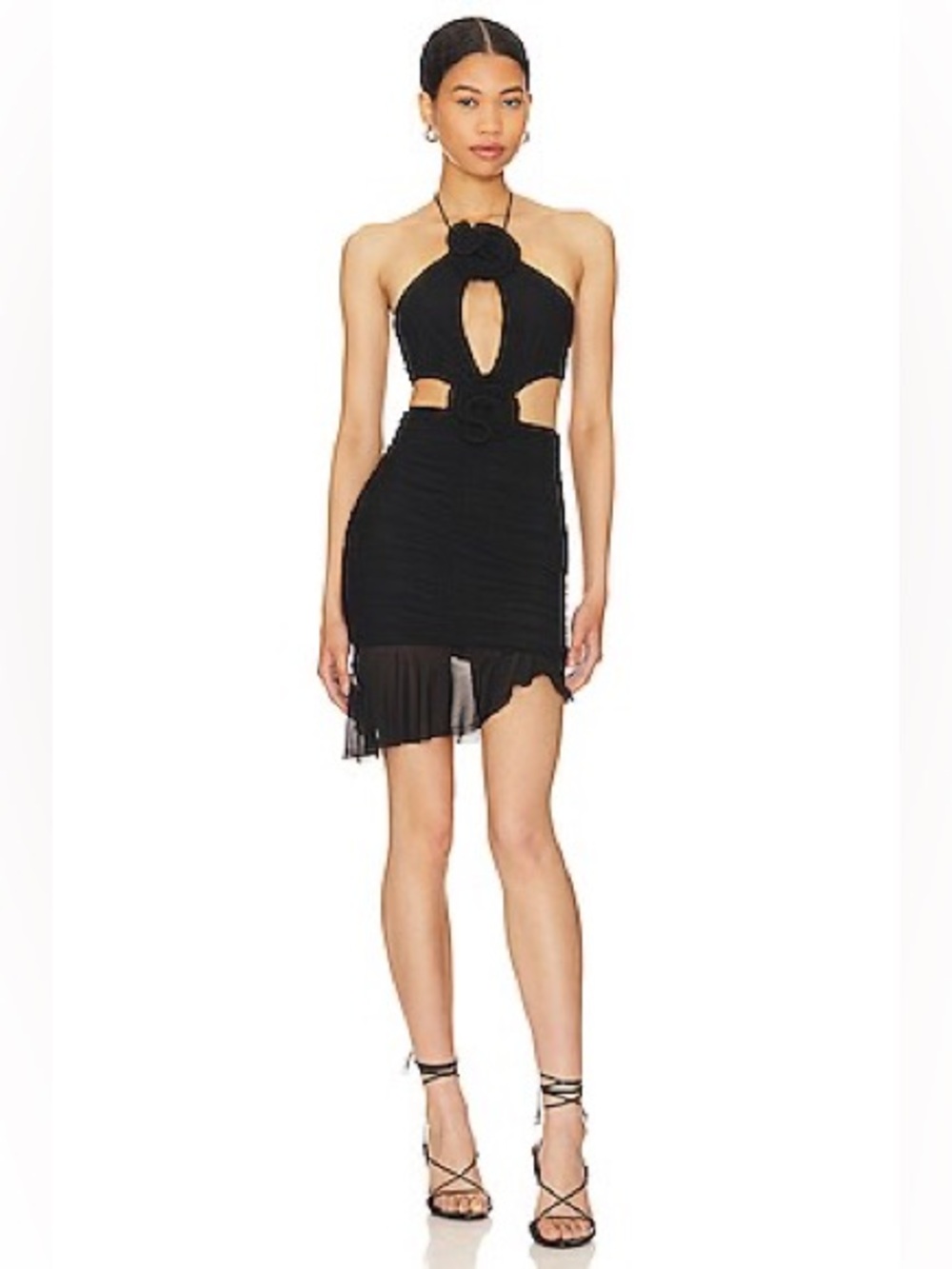 MAJORELLE Yesenia Mini Dress Black Halter Ruched Cutout Rosette Party Cocktail M